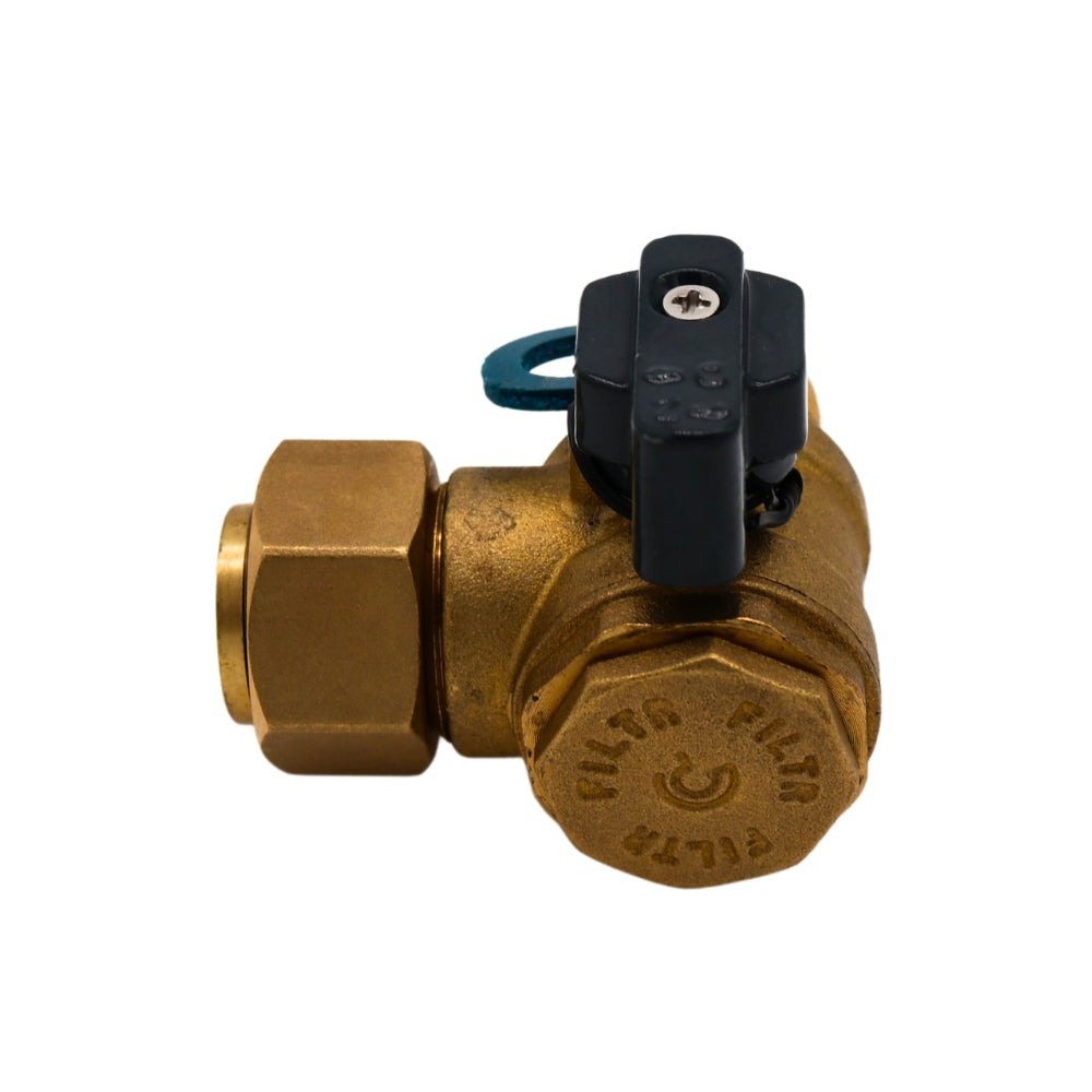 Eck-Kugelhahn 3/4" zum Anschluss eines Gas-Kessels, Eckkugelhahn für Wandkessel, mit Antikalkfilter und Rückschlagventil