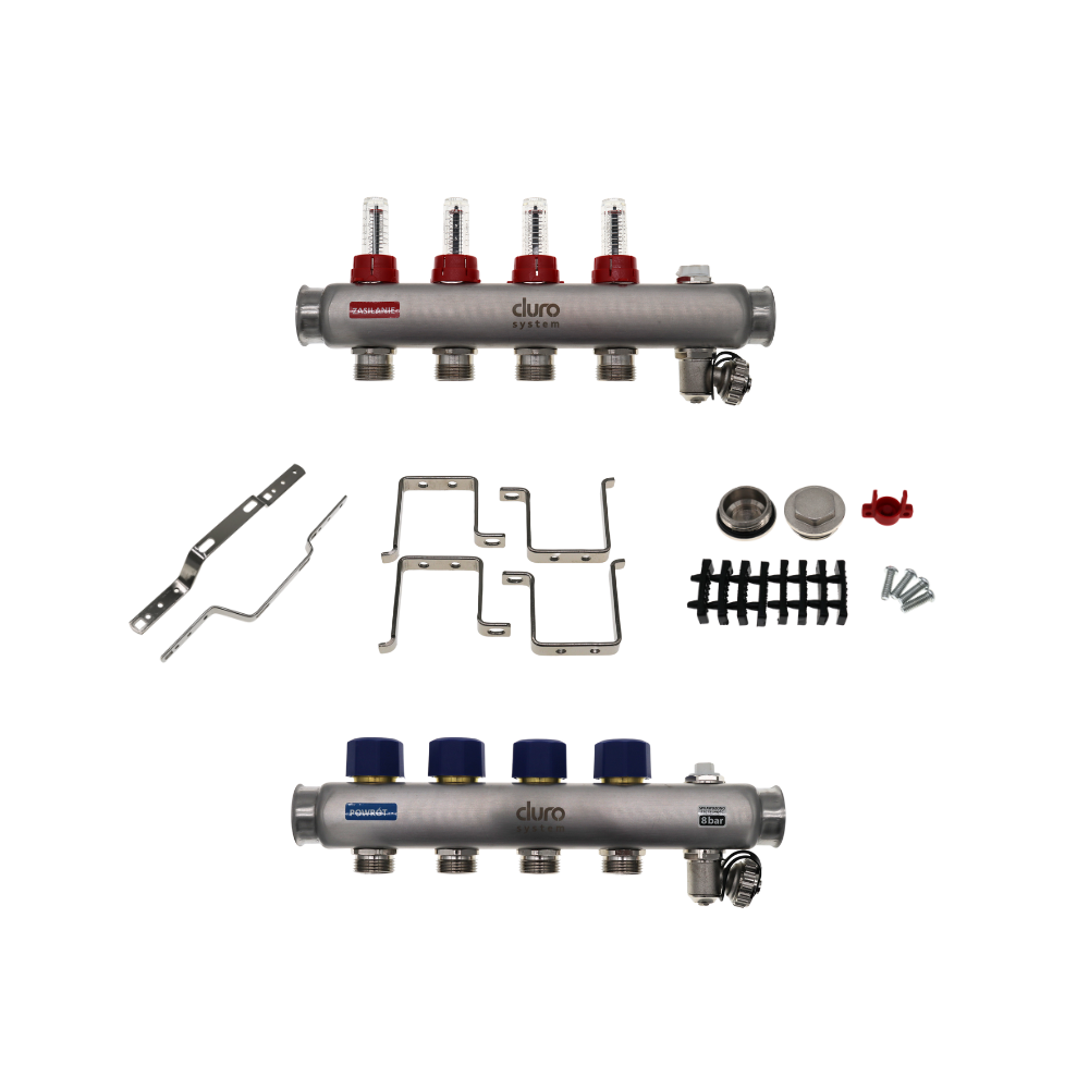 Edelstahl-Verteiler für Fußbodenheizung, 4 Heizkreise, GZ 3/4", für Boden- und Zentralheizung