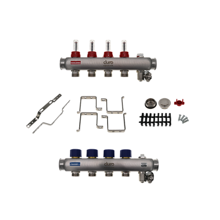 Edelstahl-Verteiler für Fußbodenheizung, 4 Heizkreise, GZ 3/4", für Boden- und Zentralheizung