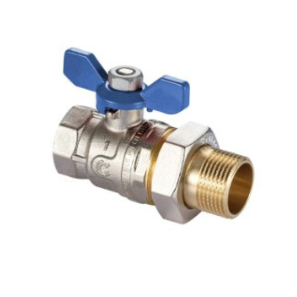 Kugelhahn 1/2″ IG/AG, gerade, mit Halbanschluss, Stopfbuchse, Flügelgriff, Blau Wasser Kugelhähne