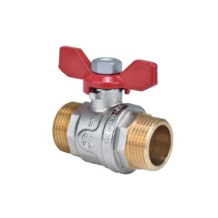 Kugelhahn 1" AG/AG, mit Stopfbuchse, dynamischer Dichtung, Flügelgriff, Rot, Nickel