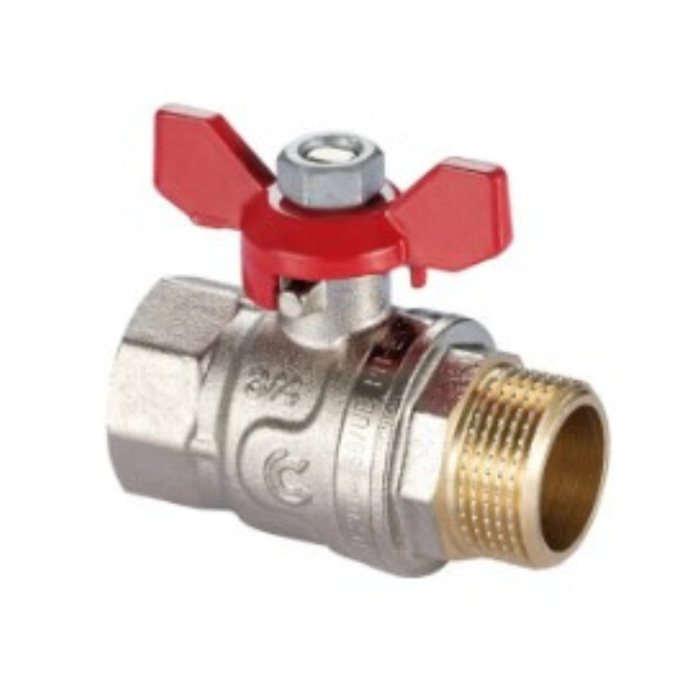 Kugelhahn 1" IG/AG, mit Stopfbuchse, dynamischer Dichtung, Flügelgriff, Rot, Nickel
