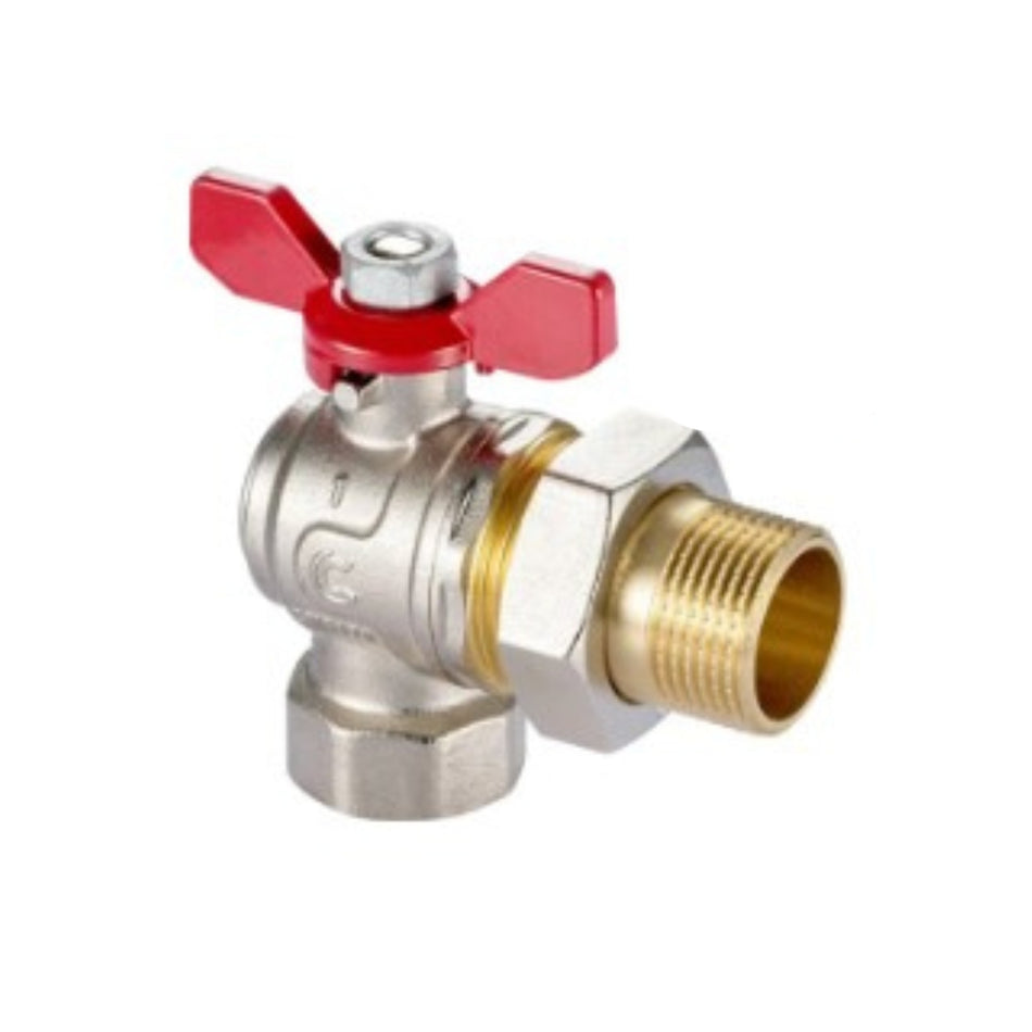 Kugelhahn 1" x 1 1/4" x 1" IG/AG, eckig, mit Halbanschluss, Rot Flügelgriff, Nickel