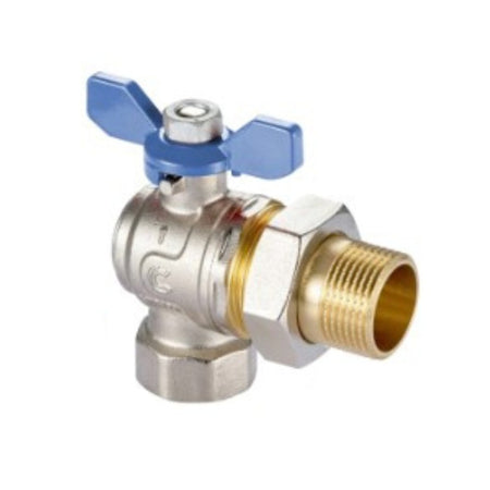 Kugelhahn 1" x 1 1/4" x 1" IG/AG, eckig, mit Halbanschluss und O-Ring, Blau Flügelgriff, Nickel