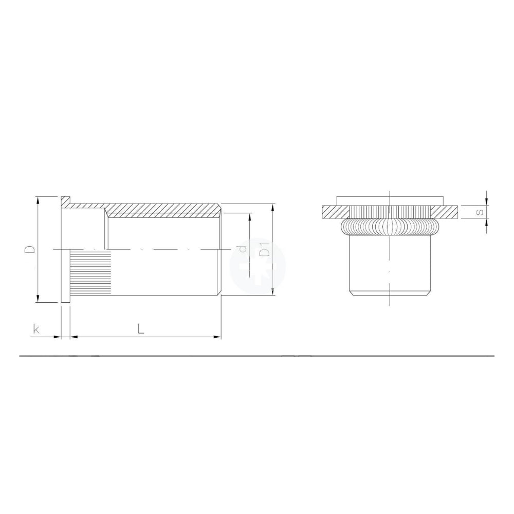 Nietmuttern gerillt mit Flachkopf M6 x 14.5 mm - 20 Stück. Blindnietmuttern Stahl verzinkt