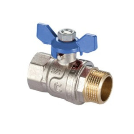 Kugelhahn 3/4" IG/AG, mit Stopfbuchse, dynamischer Dichtung, Flügelgriff, Blau, Nickel